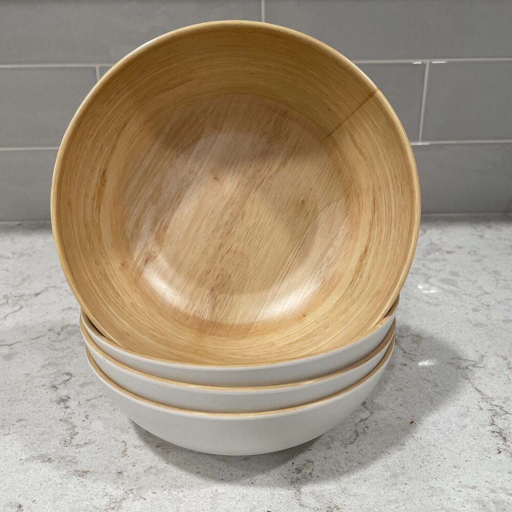 SET 4 SALAD BOWLS 7.5” Tommy Bahama Natural Wood Grain White Back Melamine Serve